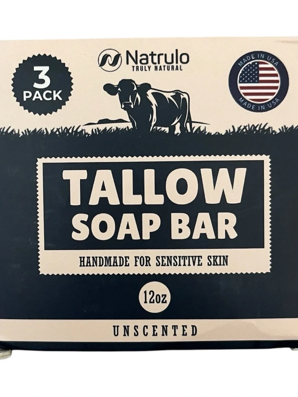 3Pk Beef Tallow All Natural Grass Fed Unscented Moisturizing Soap Bars